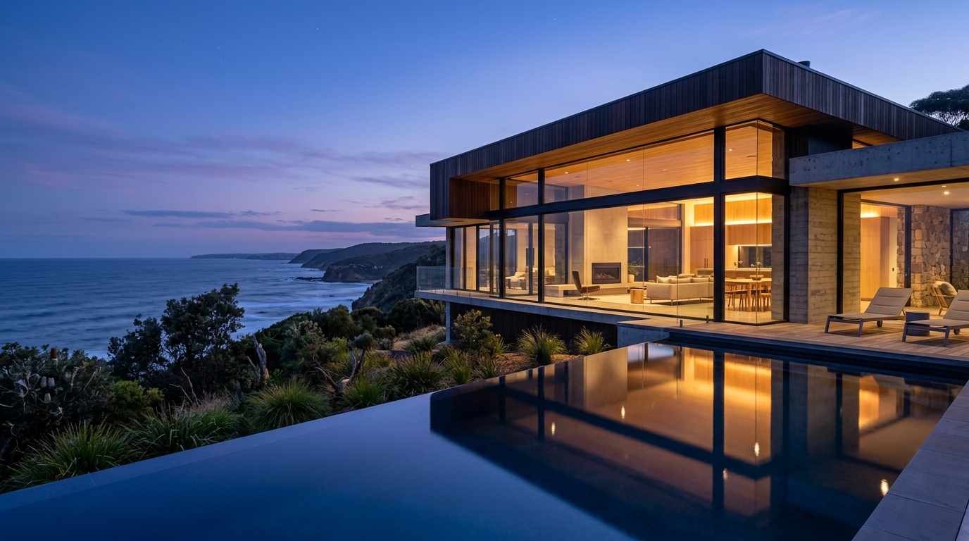 Contemporary Queensland house at dusk, timber and concrete above a still pool